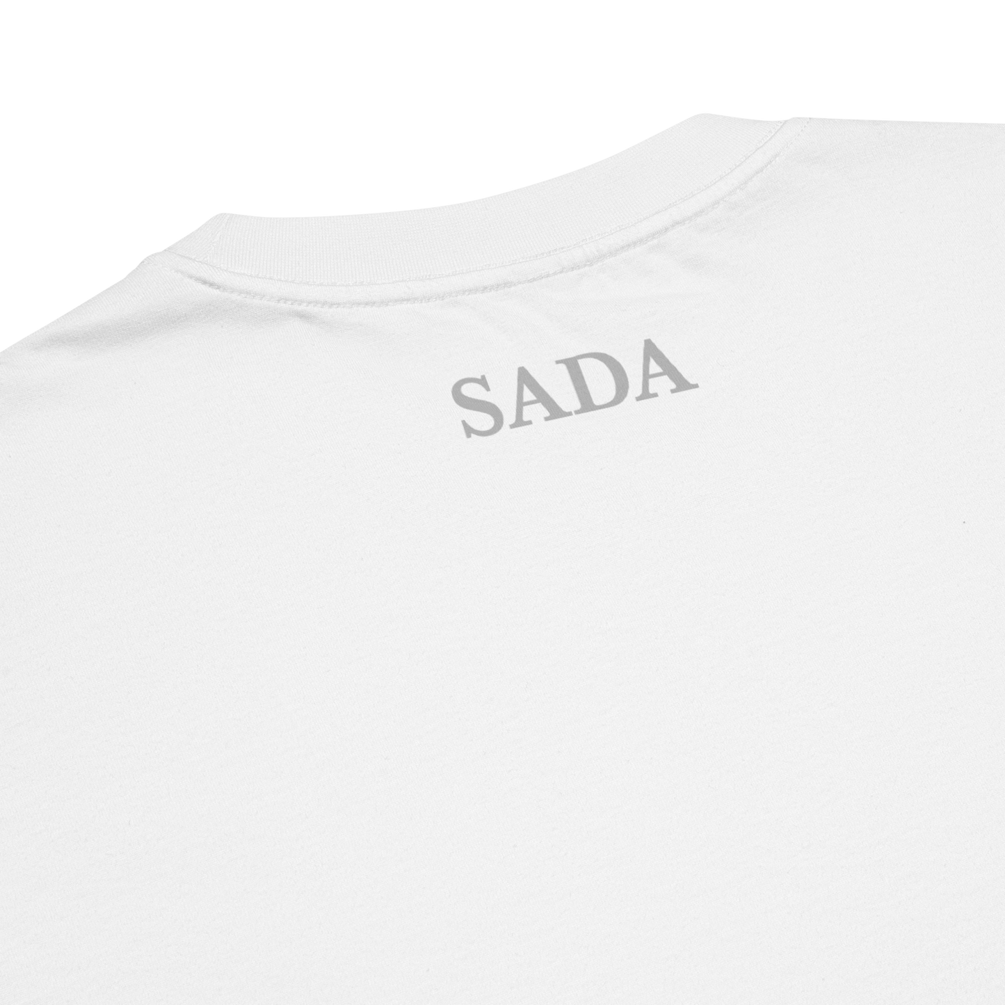 White SADA cotton t-shirt back view showcasing logo design.
