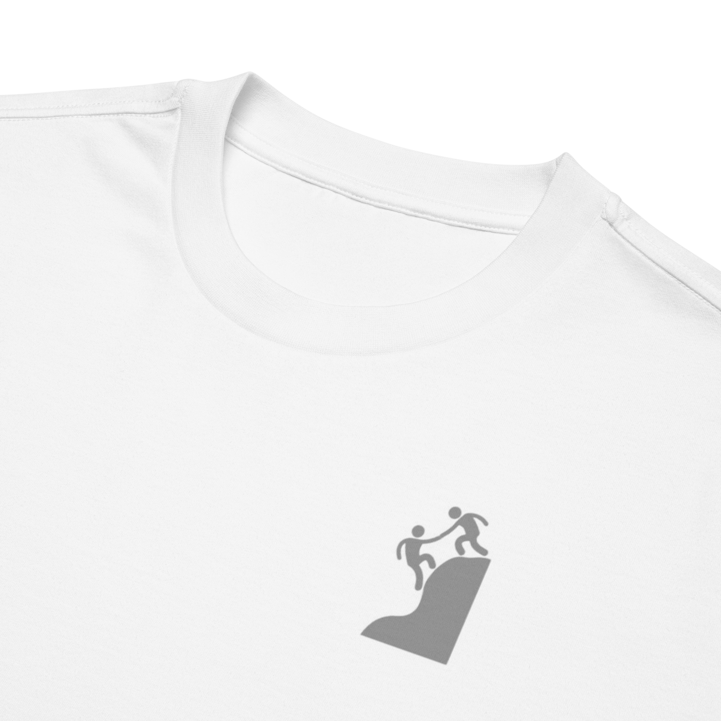 White T-shirt with printed graphic of two figures climbing a mountain.