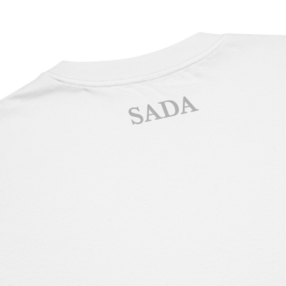 White SADA cotton t-shirt back view showcasing logo design.